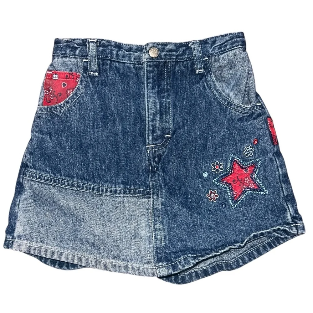 Vintage Oshkosh B'gosh Denim Skort 6 Patchwork Stars Florals Red Bandana 90s